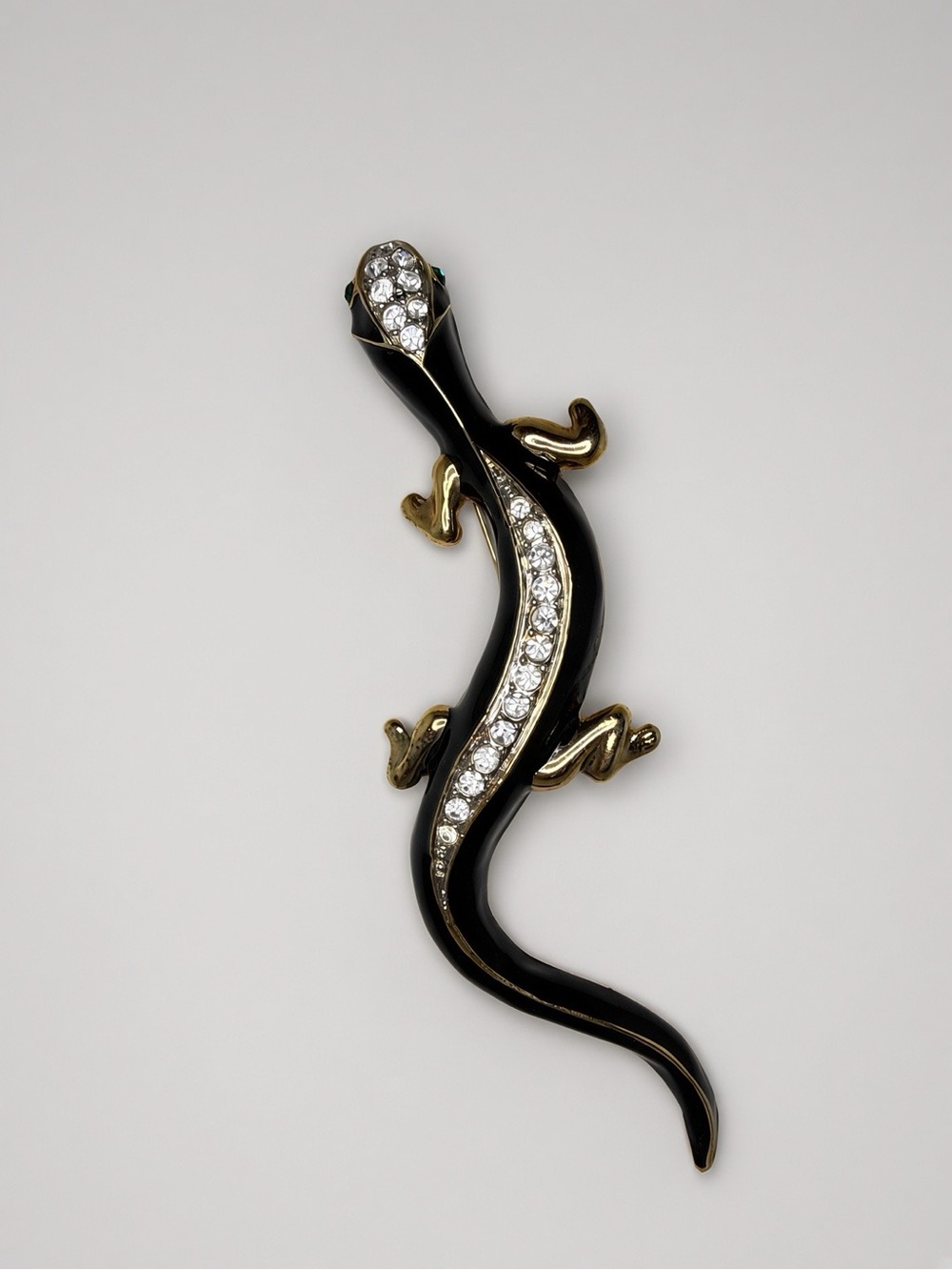 Vintage Black Enamel Lizard Brooch, Gold Tone Rhinestone, 5”